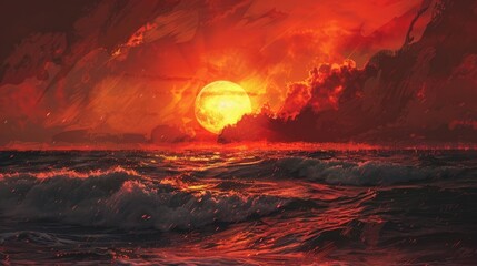 A fiery sunset over an ocean.