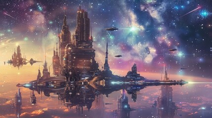 A futuristic city skyline, with towering skyscrapers and flying vehicles against a backdrop of stars. - Powered by Adobe