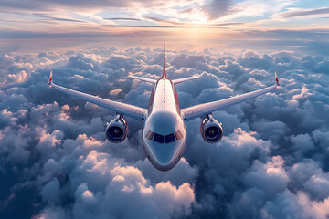 A passenger civil airplane jet flies at flight level high in the sky above the clouds and blue sky, showcasing the marvel of modern aviation and travel