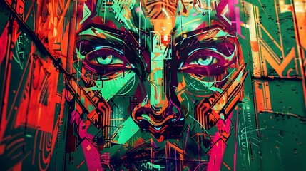 Cybernetic Urban Graffiti: Edgy Front View with Tetradic Color Scheme Background