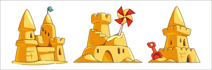 Beach sandcastle to play near sea cartoon vector. Cute sand castle sculpture drawing icon isolated on white background. Kid build palace for princess with shovel and blue flag on yellow tower.