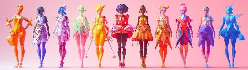 (Style game assets, feminist art, low poly, blacklight:) Feminist-inspired game characters in a low poly style, illuminated by blacklight.