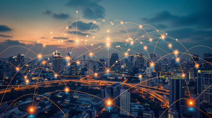 Images reminiscent of a network connection in a busy city center. Modern social image, modern network social image, social image. Generlate AI.