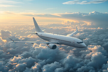 A passenger civil airplane jet flies at flight level high in the sky above the clouds and blue sky, showcasing the marvel of modern aviation and travel