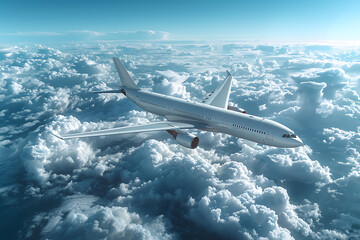 A passenger civil airplane jet flies at flight level high in the sky above the clouds and blue sky, showcasing the marvel of modern aviation and travel