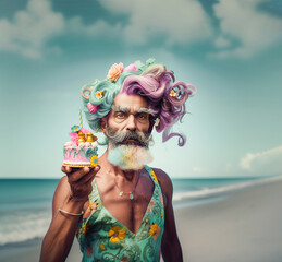 Portrait of eccentric senior man with funny colorful hair holding a birthday cake at summer sea coast vacation.