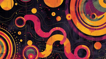 Nostalgic Cybernetic Vibes: Retro 70s Wallpaper with Vibrant Tetradic Patterns, Side View of Colorful Fun