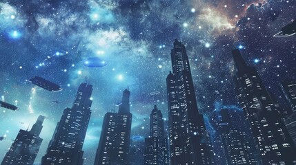 A futuristic city skyline, with towering skyscrapers and flying vehicles against a backdrop of...