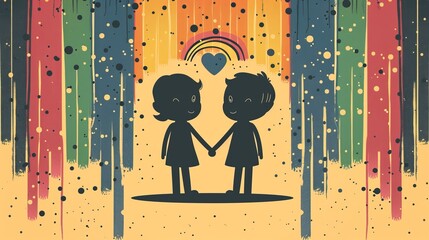 Cartoon vector 2D illustration of a minimalistic LGBTQ couple holding hands with a rainbow heart in the background Generative AI
