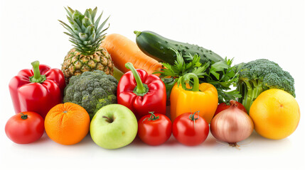 Stack of different vegetables and fruits isolated on white