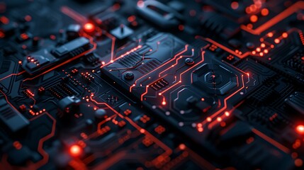 Obraz premium Cybernetic Connections: Futuristic Circuit Board Background with Intricate Glowing Elements in Monochromatic Color Scheme