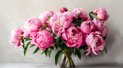 Bouquet of beautiful pink peonies on table near white