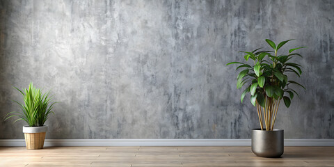 background of a room with a gray plaster wall and a pot with a plant