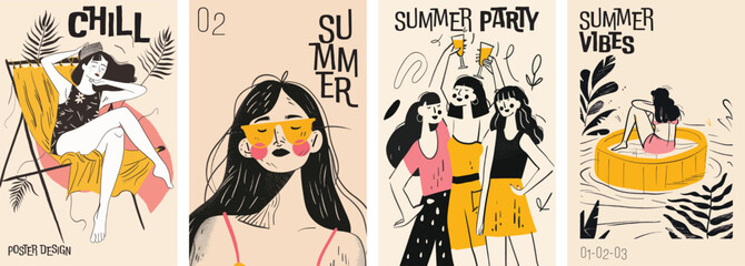 Collection of minimal summer poster cover designs. Summer vacation background
