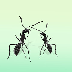 two ants are communicating with a green gradient background
