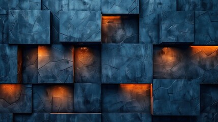 Illuminated Blue Stone Wall Texture with Warm Glowing Lights background ,generative ai