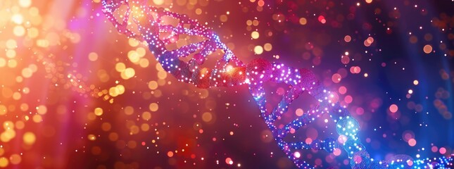 Abstract DNA and glowing particles background.