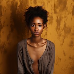 Brown background sad black independant powerful Woman realistic person portrait of young beautiful bad mood expression girl Isolated on Background racism 