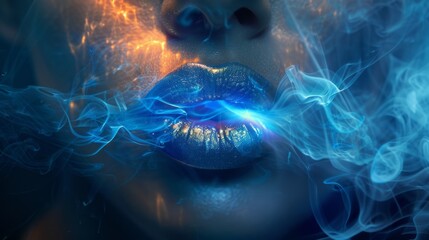Abstract woman lips with smoke in blue tint and light coming from her mouth.