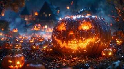 A Magical Halloween Pumpkin Patch Glowing with Ethereal Jackolanterns