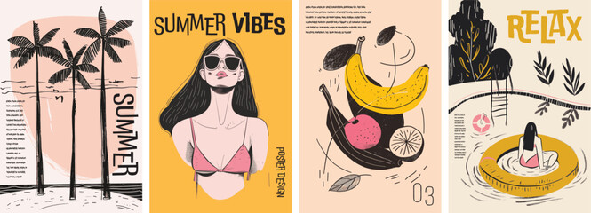 Collection of minimal summer poster cover designs. Summer vacation background