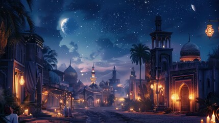 Arabian night, city in the desert, oasis, beautiful world environment