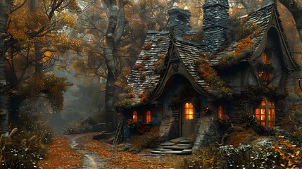 Fototapeta premium A Witchs Halloween Cottage Nestled in an Enchanted Forest