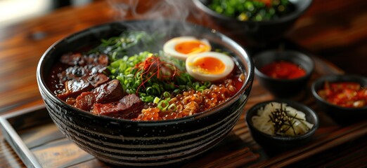 A close-up of a plate with ramen, in which broth, noodles, pieces of pork, soft-boiled eggs and...