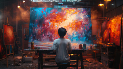  Artist in a studio painting a large, vibrant abstract artwork.