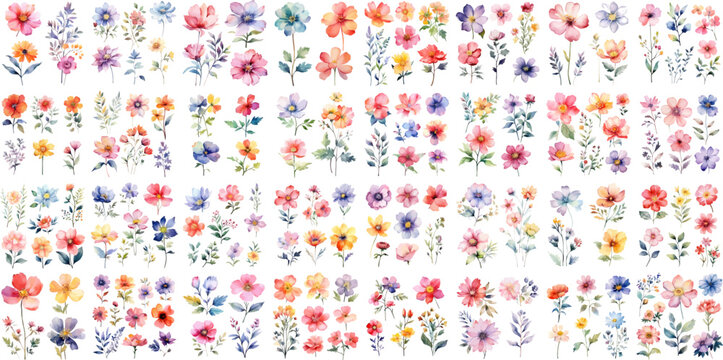 A Big watercolor floral package collection. Use by fabric, fashion, wedding invitation, template, poster, romance, greeting, spring, bouquet, pattern, decoration and textile. 