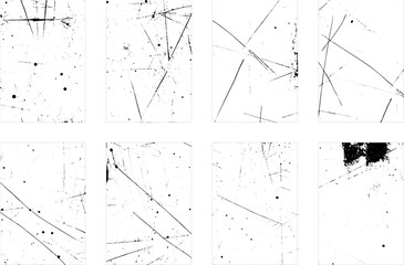 Overlay textures set stamp with grunge effect. Old damage Dirty grainy and scratches. Set of different distressed black grain texture. Distress overlay vector textures.	