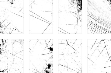 Overlay textures set stamp with grunge effect. Old damage Dirty grainy and scratches. Set of different distressed black grain texture. Distress overlay vector textures.	