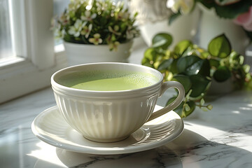 In a bright kitchen, matcha tea with milk is being prepared in a white cup on the table, with the vibrant green tea contrasting beautifully against the cup