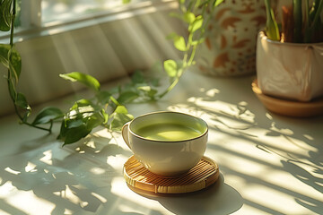 In a bright kitchen, matcha tea with milk is being prepared in a white cup on the table, with the vibrant green tea contrasting beautifully against the cup