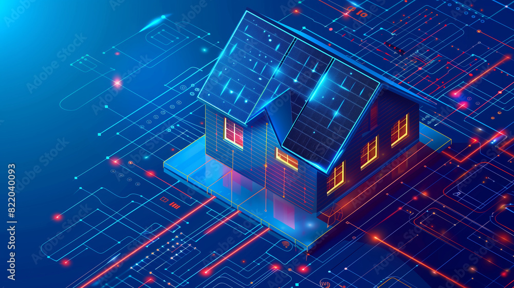 Poster a house is shown in a futuristic setting with a blue roof and windows. the house is surrounded by a 