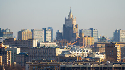 Panorama of the city of Moscow. Beautiful cityscape. A high-rise building with a spire (the...