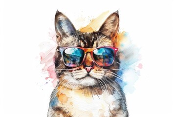 Colorful watercolor painting of a cat wearing stylish sunglasses. Great for pet lovers or summer-themed designs