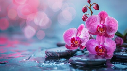 Spa treatment concept. Flowers of orchid and stones. Beautiful background with copy space