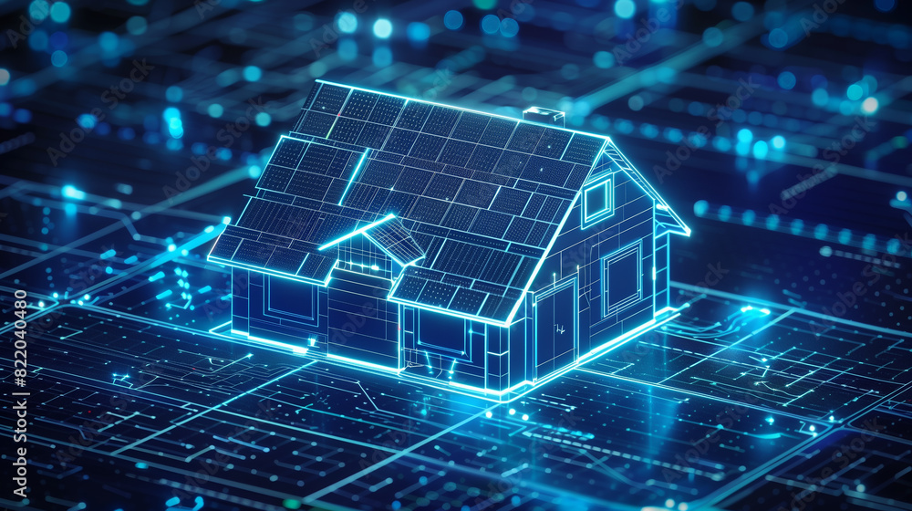 Poster a house is shown in a futuristic setting with a blue roof and windows. the house is surrounded by a 
