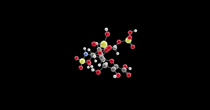 Unfractionated heparin molecule, rotating 3D model of heparin, looped video on a black background