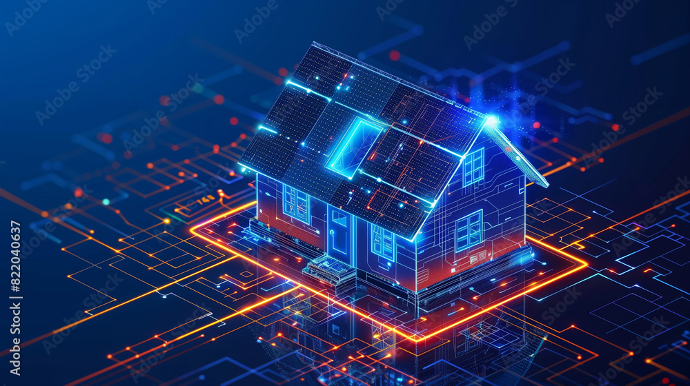 Poster a house is shown in a futuristic setting with a blue roof and windows. the house is surrounded by a 