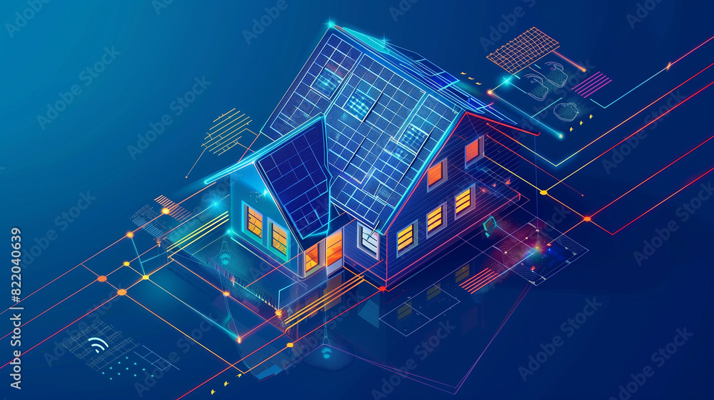 Poster a house is shown in a futuristic setting with a blue roof and windows. the house is surrounded by a 