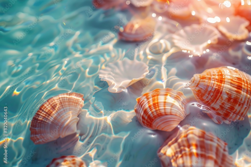 Poster group of shells floating on water, suitable for beach or nature themes