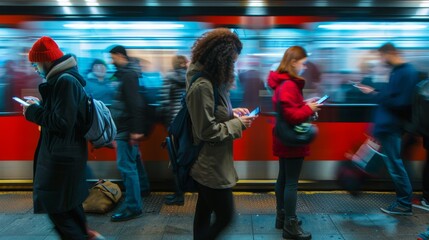 Commuters wait on subway platform, engrossed in smartphones. Motion blur conveys busy transportation hub