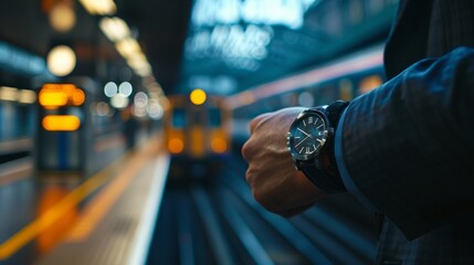 A close up of a commuter checking the time on their watch while standing on a platform