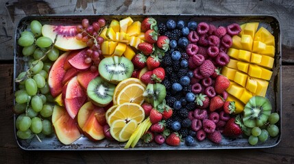 Metal tray filled with various types of fresh fruit, arranged neatly, showcasing vibrant colors and textures