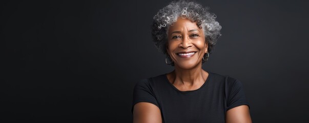 Charcoal Background Happy black american independant powerful Woman realistic person portrait of older mid aged person beautiful Smiling girl Isolated