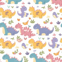 Seamless Pattern with Cute Dinosaurs