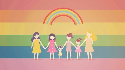 Fototapeta premium Minimal cartoon vector of an LGBTQ family holding hands, with a simple rainbow background Generative AI