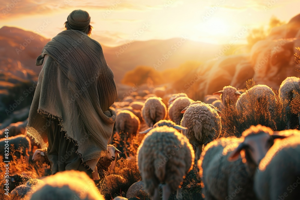 Poster A man standing in a field with a herd of sheep. Suitable for agricultural concepts